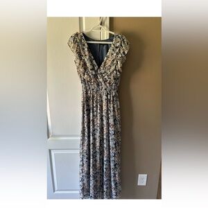 1. State Floral V-Neck Maxi Jumpsuit Navy and Peach.